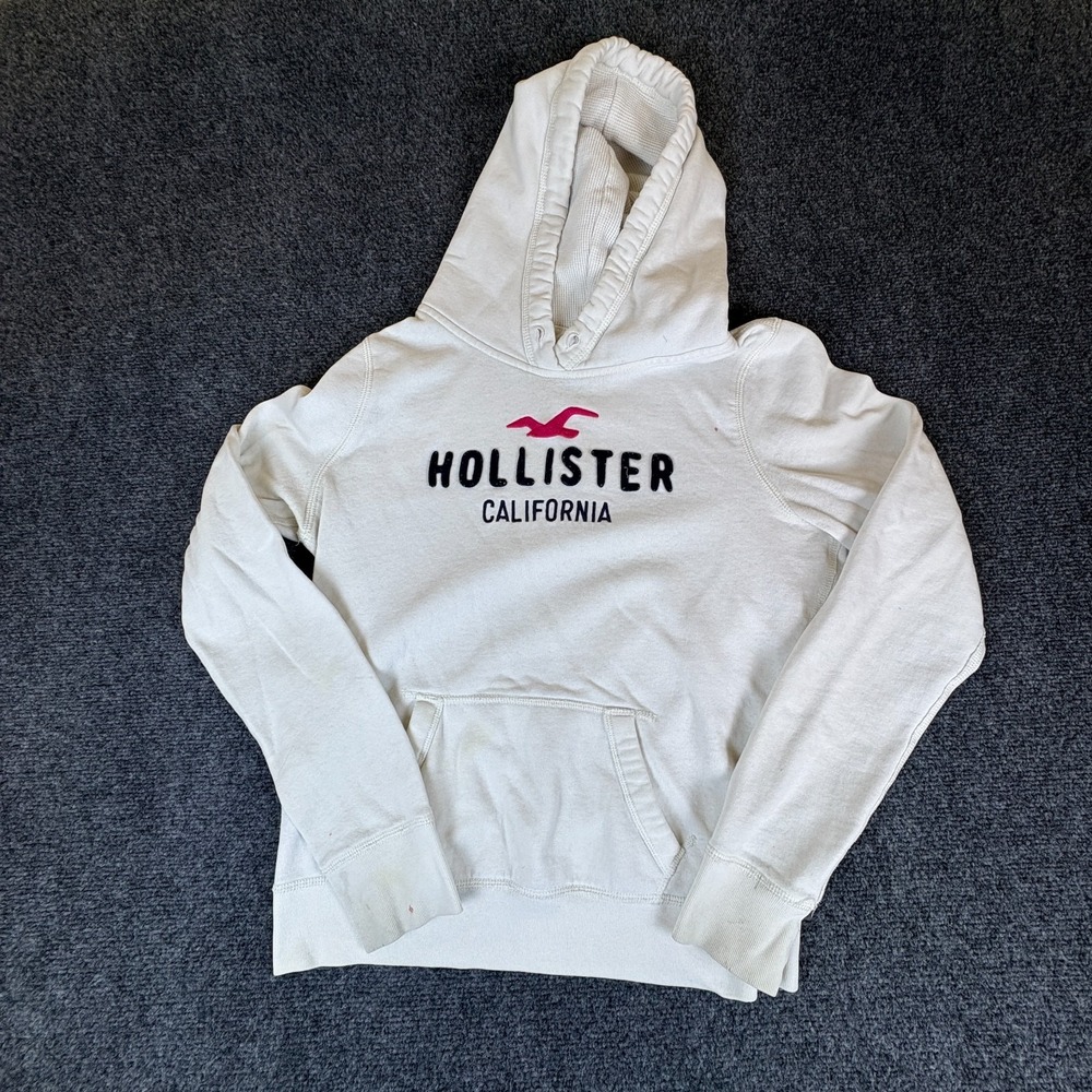 Hollister California Hoodie Womens Large White Logo Fleece Lined Cotton Pullover